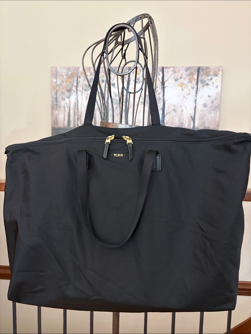 Tumi Large Black Nylon Double Zip-Top Packable “Extra” Tote Gold Hardware
